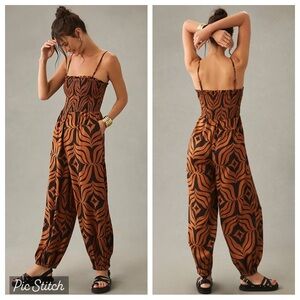 Anthropologie Dark Orange + Black Geometric Printed Balloon Leg Jumpsuit